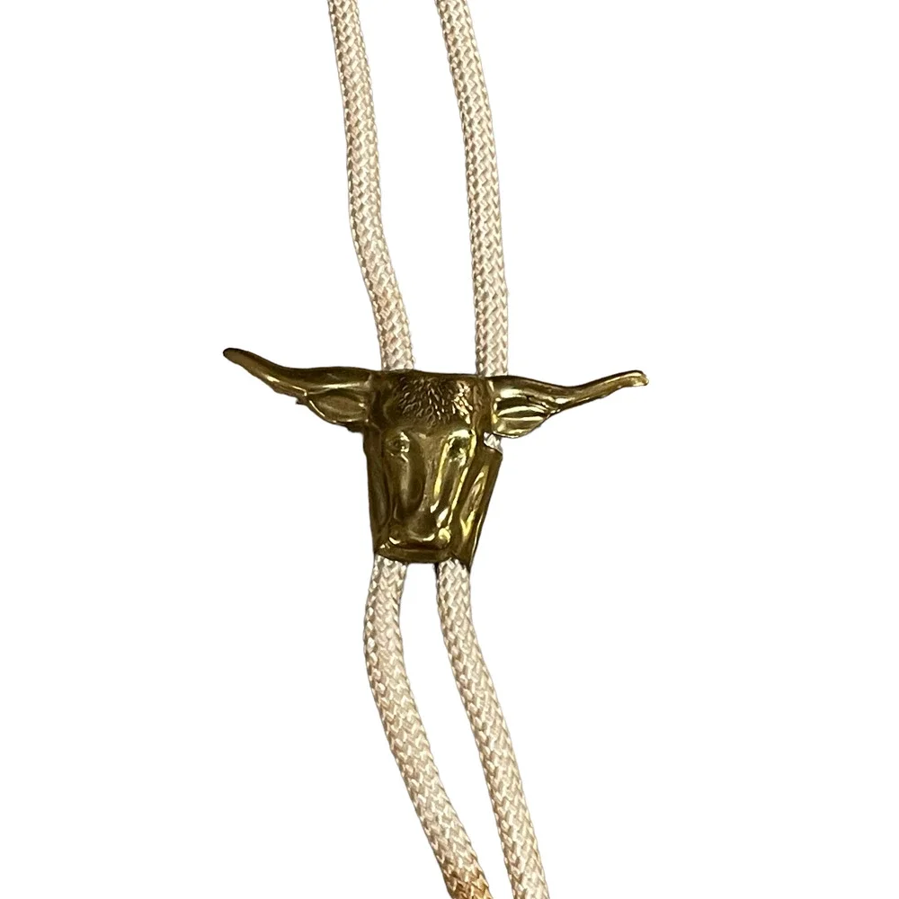 Vintage Mens Bolo Tie Cream Rope Band‎ With Brass Bull Southwestern Western